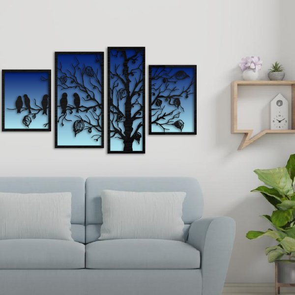 Tríptico de aves en árbol